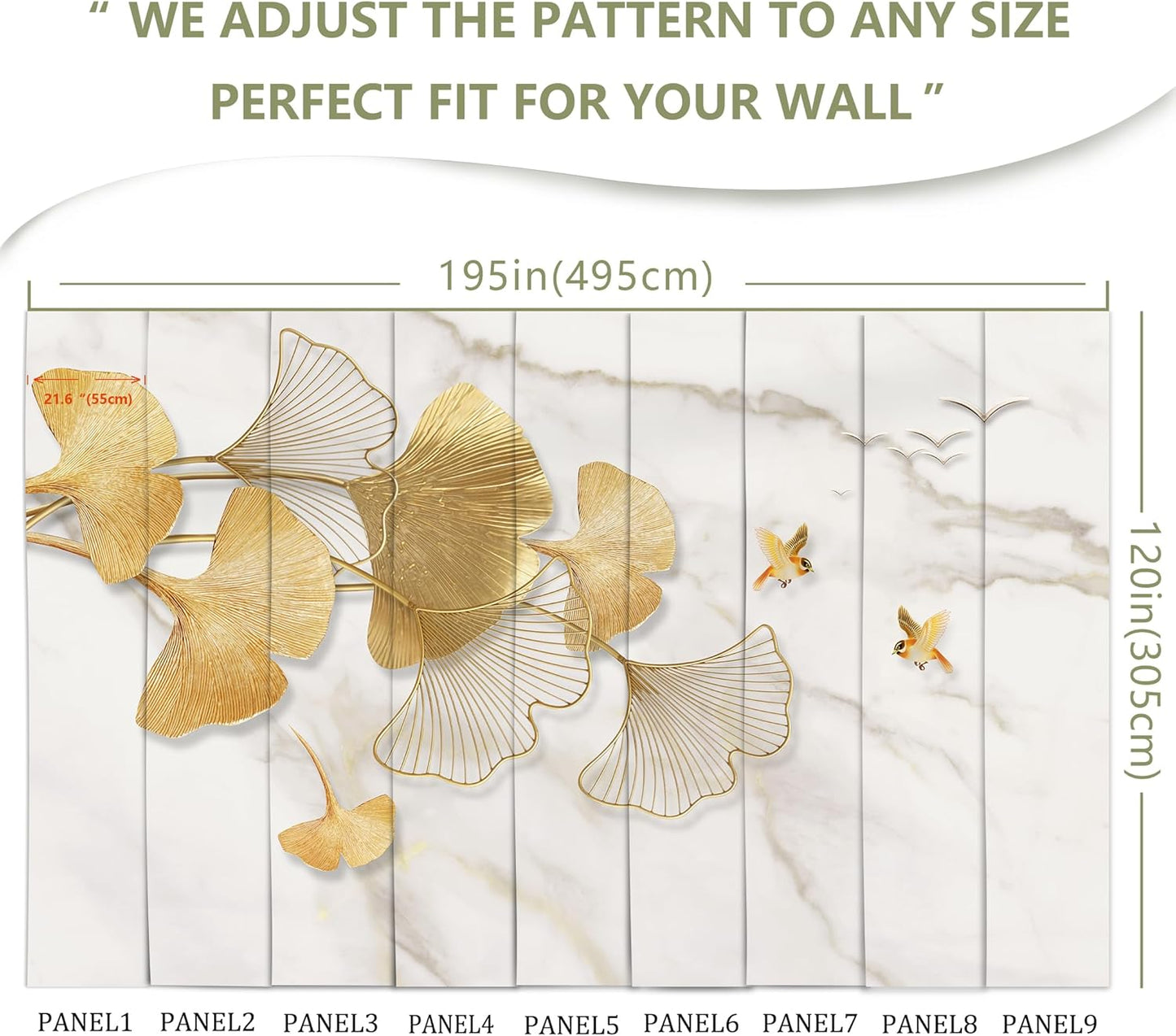 Golden Ginkgo Leaves Wall Mural Fake Marble Wallpaper for Bedroom Living Room (Not Peel n' Stick)