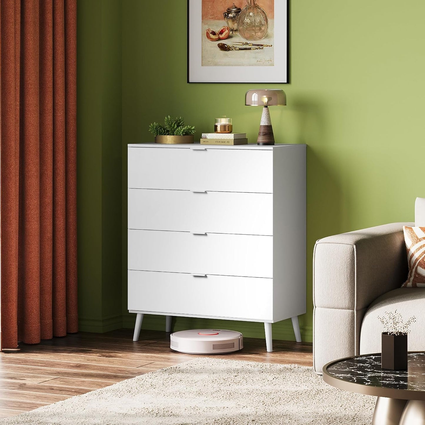 WLIVE 4 Drawer Dresser for Bedroom, Tall Wood Dresser, Modern White Dressers with Sturdy Metal Handle, Small Chest of Drawers for Living Room, Hallway