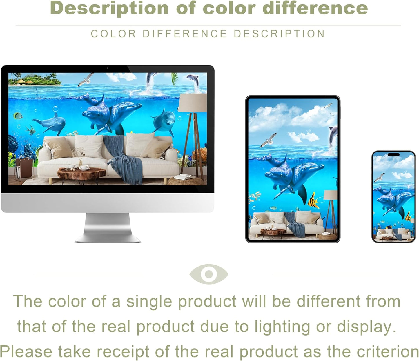 Ocean Wallpaper White Gull Dolphin Wall Mural for Bedroom Living Room (Not Peel n‘ Stick)