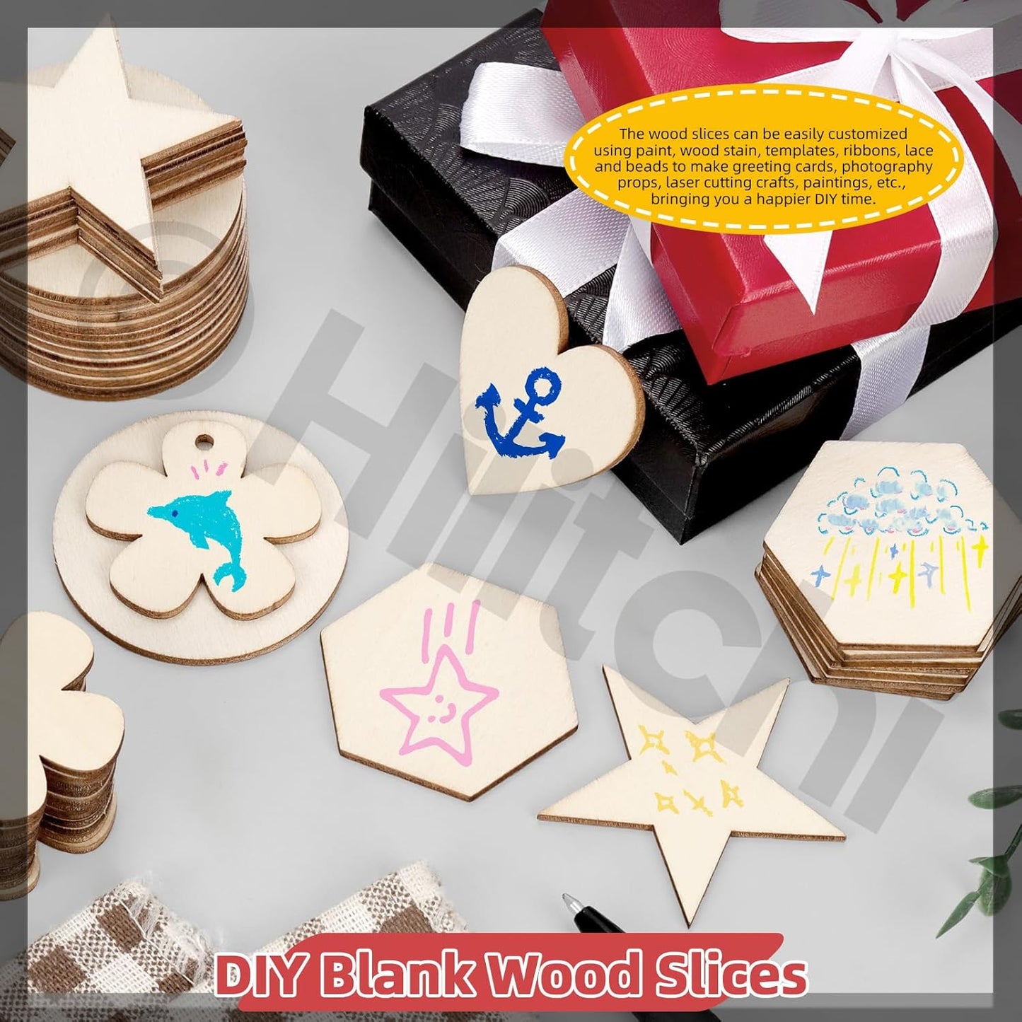 Hilitchi 200Pcs Multi Shape Unfinished Wooden Crafts DIY Wooden Cutouts Star Flower Circle Hexagon Heart Shapes Unfinished Wood Slices Ornament for DIY Crafts Home Decorations