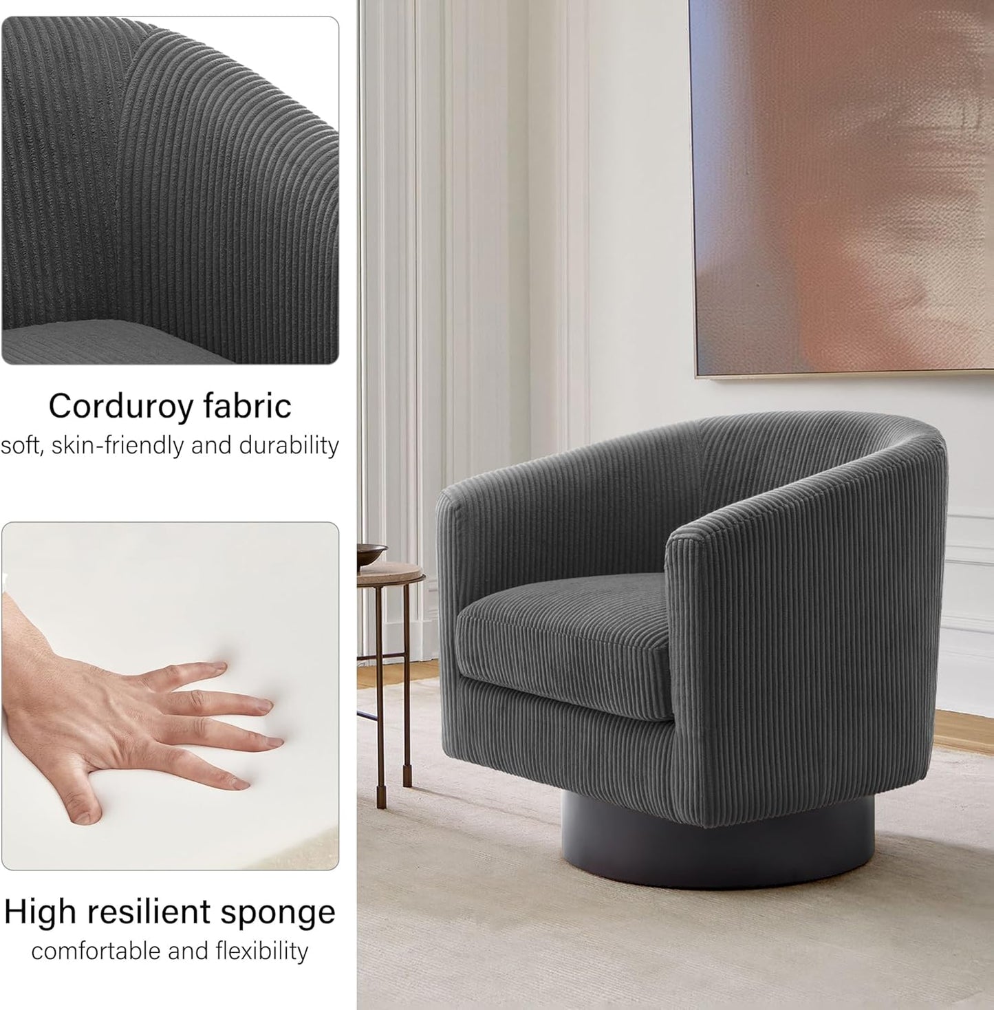 Swivel Barrel Accent Chair, Modern Round Corduroy Fabric Arm Chair for Living Room, Bedroom, Comfy Club Reading Chairs for Adults (Corduroy Grey, Set of 4)