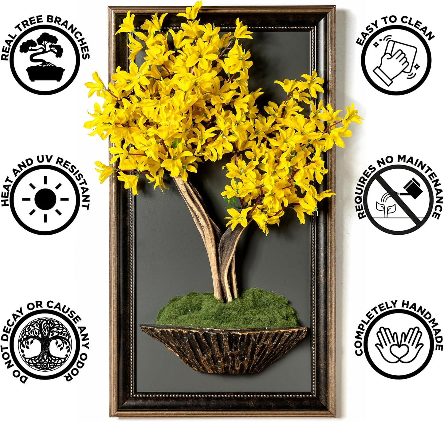 Omnia Artlife Concept Bonsai Art Life Tree Tableau - 9 - Handmade Tree Portrait, Wall Art, Wall Decor, Wallboard, Yellow/Brown/Gray