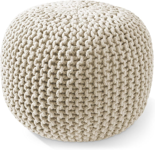 Casafield Round Pouf Ottoman, Natural - 20" Diameter x 14.5" High Cotton Knit Foot Stool - Boho Floor Pouffe for Living Room, Bedroom, Home Office
