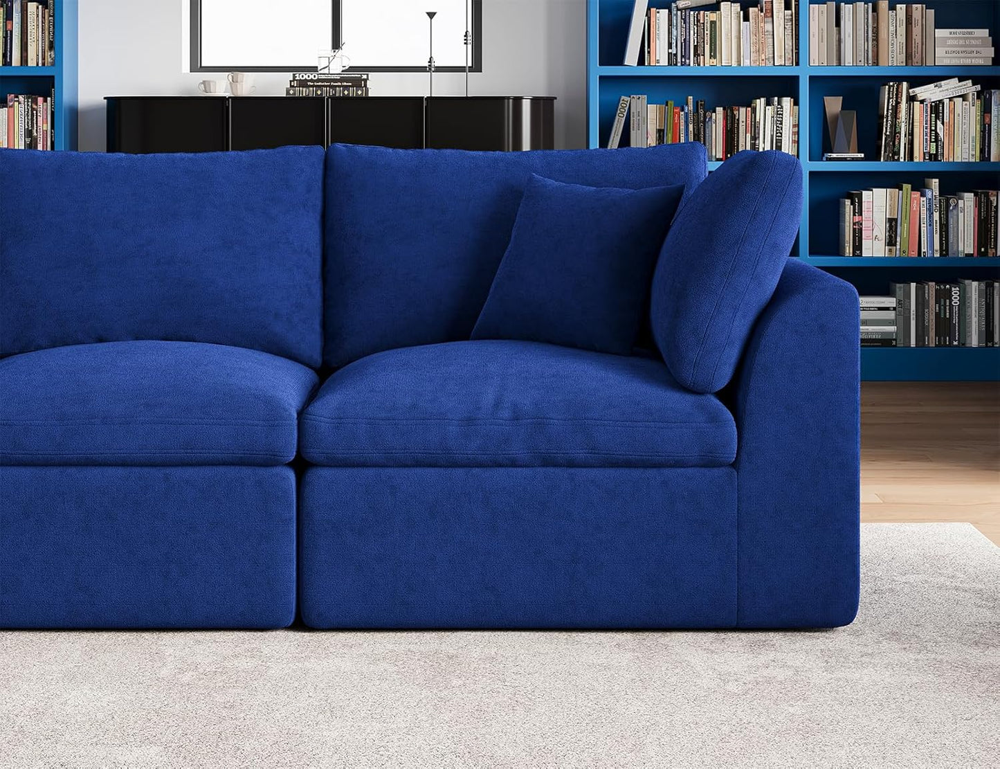 110" Cloud Sectional Couches for Living Room, Boneless L-Shape Couch with Ottoman, 3 Seater Modular Sectional Sofa, Blue