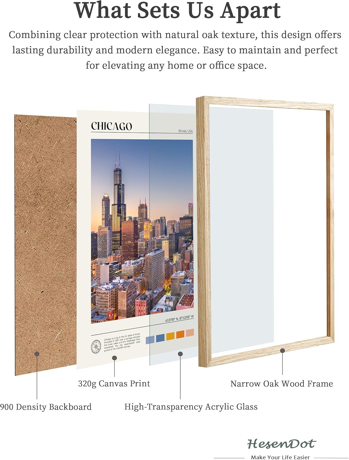 HesenDot Natural OAK Wood Chicago Cityscape Framed Wall Art,12x16in City Skyline Canvas Wall Print,Modern Urban Landmark Wall Decor for Living Room,Bedroom,Office Gallery Gifts Set of 1