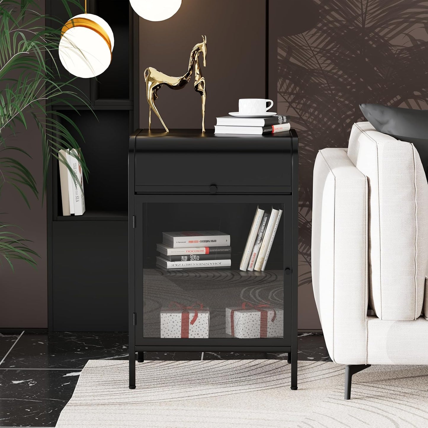 Modern Metal Side Tables Set of 2, End Tables with Glass Door, 2-Tier Nightstands with Storage Shelves, Accent Table, Slim Sofa Table for Living Room, Bedroom (Black)