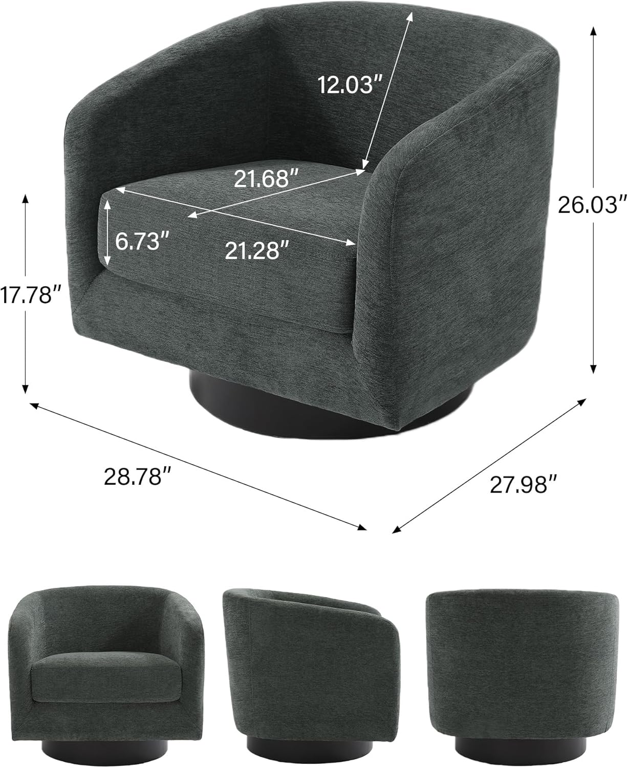 Swivel Barrel Accent Chair, Modern Round Chenille Fabric Arm Chair for Living Room, Bedroom, Comfy Club Reading Chairs for Adults（Chenille Fabric, Grey, Set of 4
