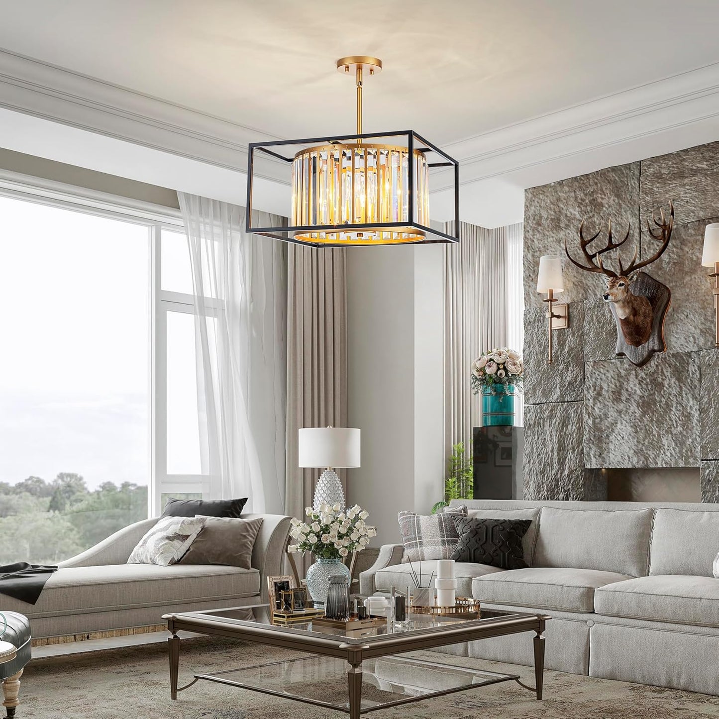 5-Lights K9 Crystal Chandelier, Modern Style Pendant Light Fixture for Dining Room, Bedroom & Living Room, Gold & Black Finish, L16.5 * W16.5 * H12~48 inch (Adjustable Height)