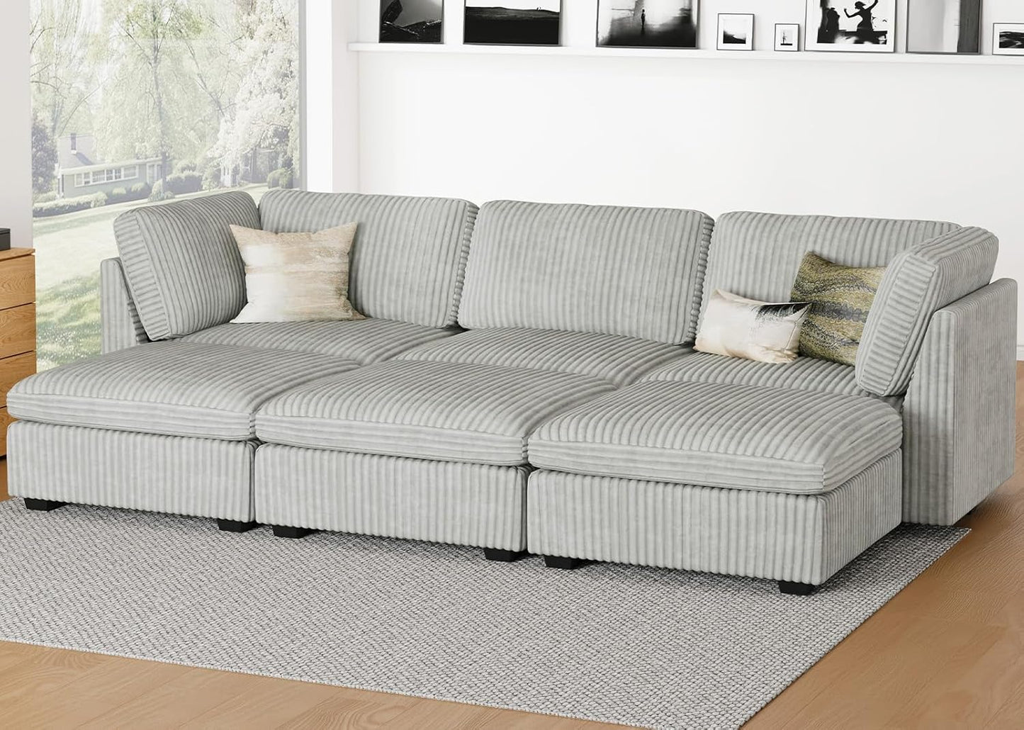 Belffin Modular Sectional Sofa with Sleeper Sofa, Oversized Cloud Couch with Extra Deep Seat, Upholstered 6 Seat Sectional Couches for Living Room, Plush Corduroy Light Grey