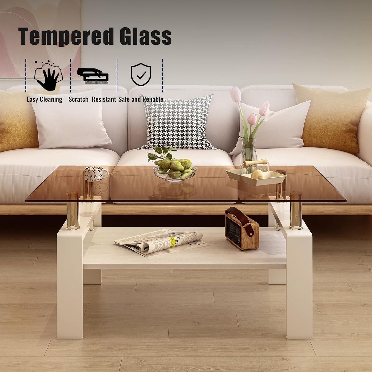 Glass Coffee Table Rectangle Living Room Center Table, with Brown Tempered Glass Tabletop and White MDF Layer,for Living Room and Office, Brown+White