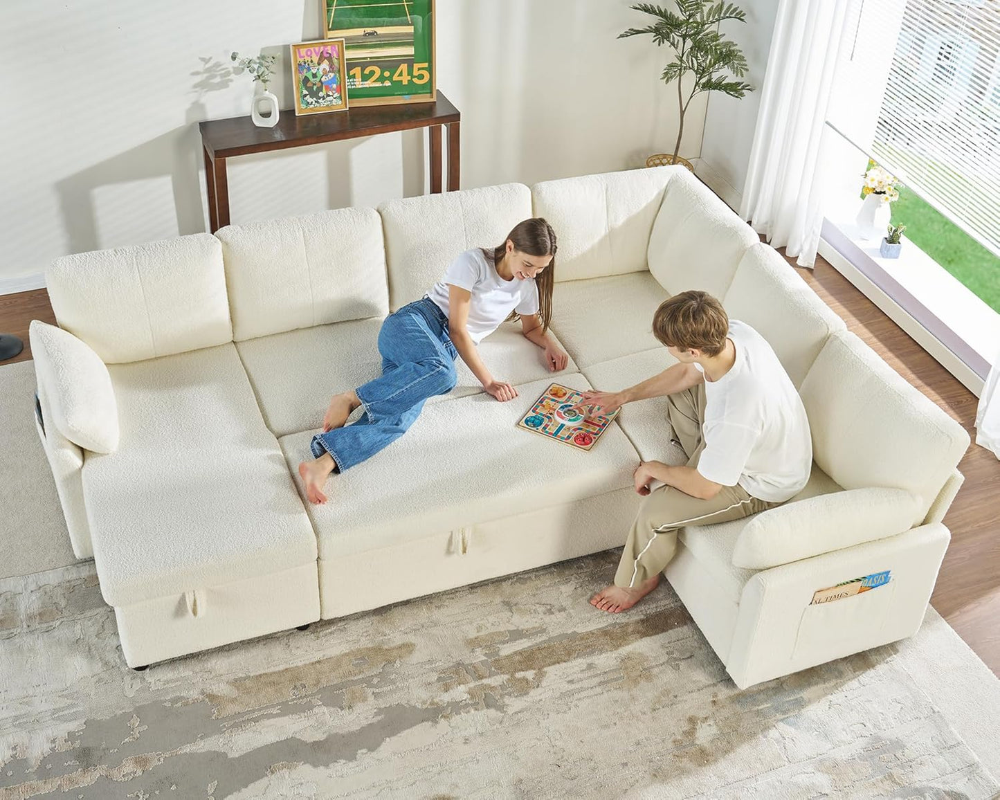 VanAcc Pull Out Sofa, 112 Inch Oversized U Shape Sleeper Sofa Couch with Storage Chaise & 3 Seater, Comfy Couch with Pull Out Bed for Living Room, White Boucle