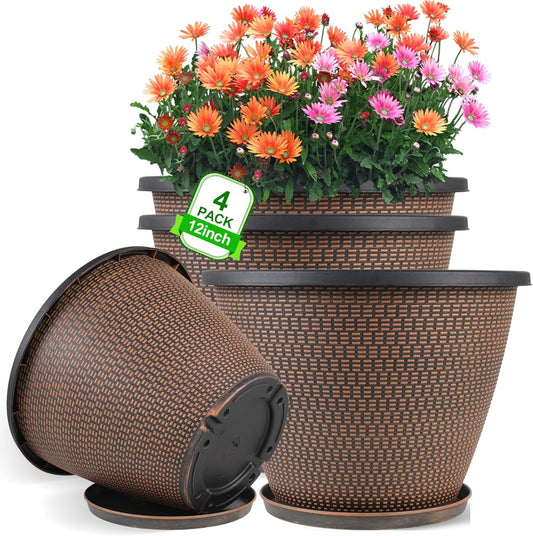 12 inch Pots for Plants, 4 Pack Large Outdoor Planter Pot with Drainage Holes & Saucers, Plastic Flower Pots for Indoor Plants, Decorative Garden Pots for Indoor & Outdoor Plant (Black Copper)