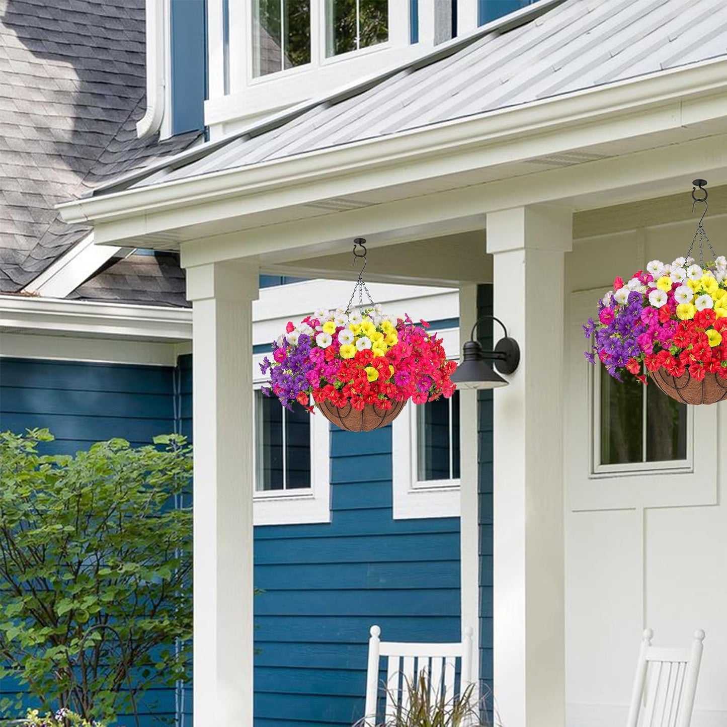 Artificial Faux Hanging Flowers Plants Basket for Outdoors, Silk Morning Glory with Eucalyptus in Planter Look Real UV Resistant Fake Flowers for Porch Outside Patio Balcony Yard Indoor Summer Decor