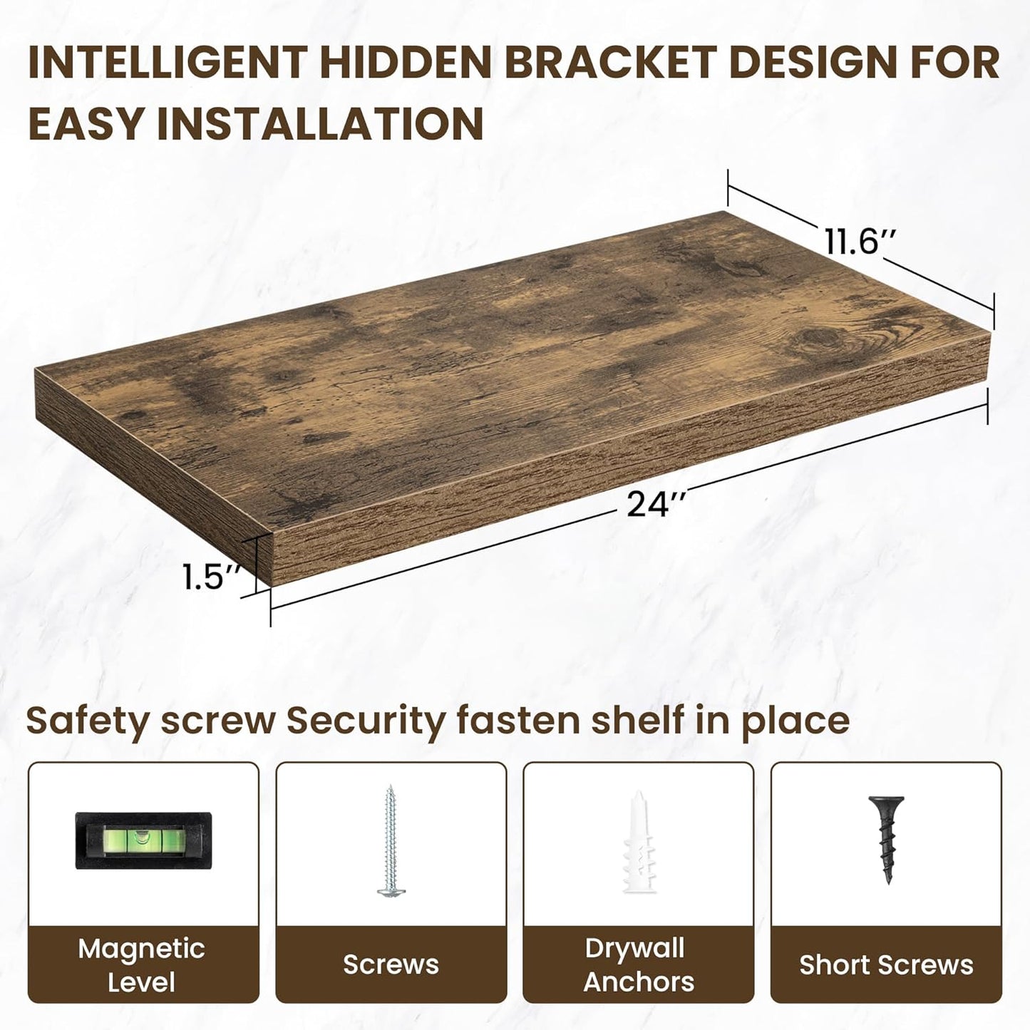 24 Inch Floating Shelves, 11.6 Inch Deep Floating Shelves for Wall, Floating Shelf with Invisible Brackets, Deep Shelves for Bathroom, Bedroom, Living Room, 2 Pack, Brown