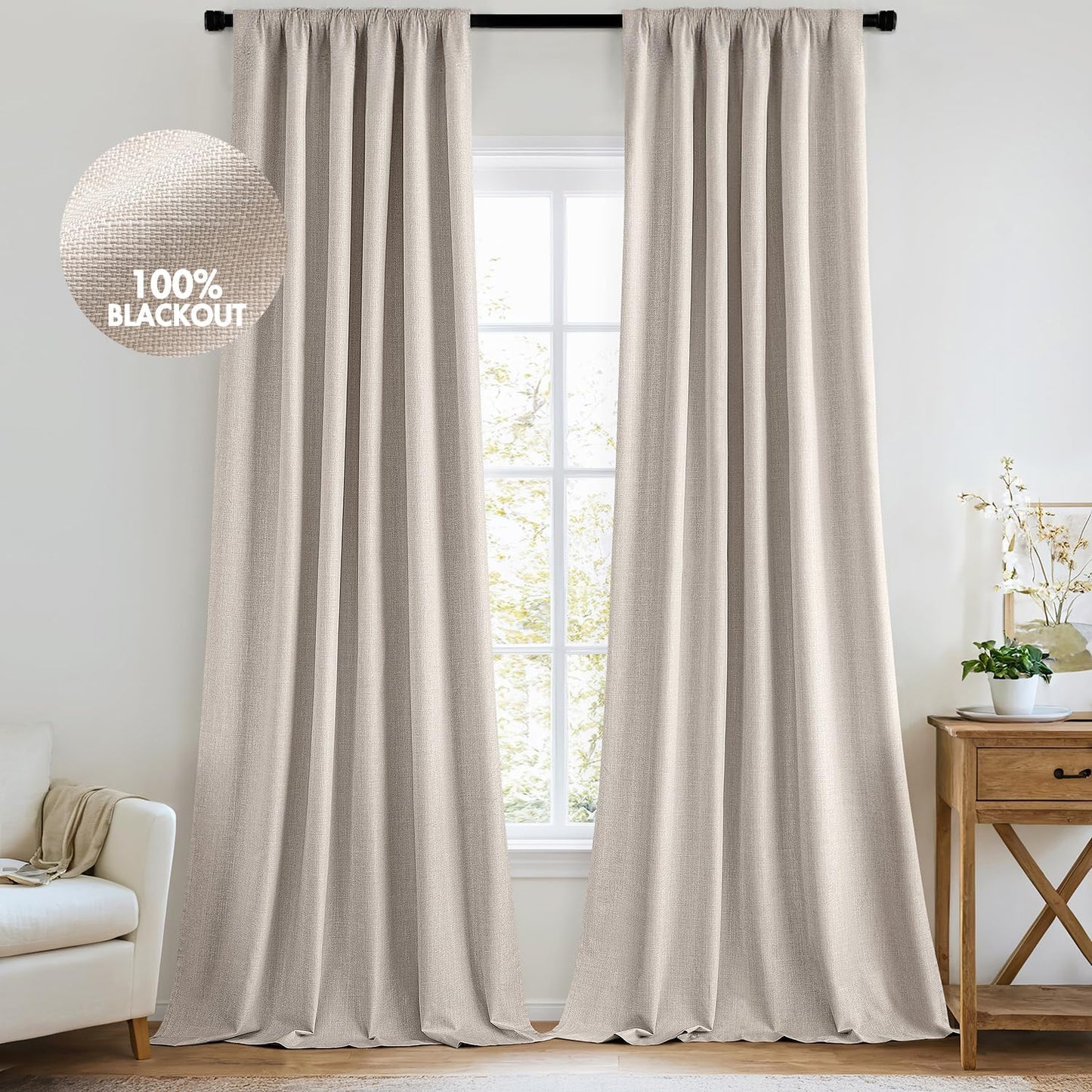 MIULEE 100% Blackout Curtains 108 Inch Long 2 Panels Set for Bedroom, Thick Luxury Faux Linen Black Out Curtain Room Darkening Back Tab Pleat Window Textured Drapes with Hooks for Living Room, Beige
