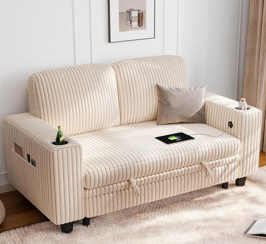 LINSY HOME Loveseat Sofa with Storage - Comfy Plush Corduroy 2 Seater Sofa with USB Charging & Cup Holders, Deep Seat Love Seat for Small Spaces Living Room Bedroom Apartment, Beige