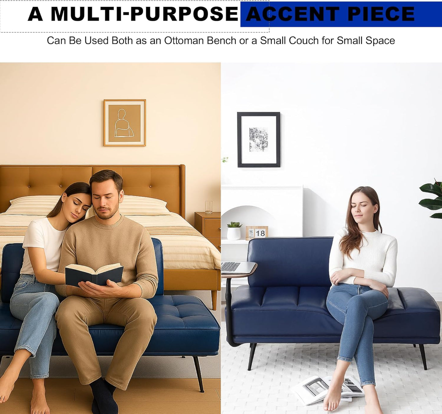 Sofa,Bed Bench,Small Spaces Furniture,Polyurethane Leather,Wood Frame,High Density Sponge Infillings,360-Degree Swivel Tray,Black Metal Leg (Blue)