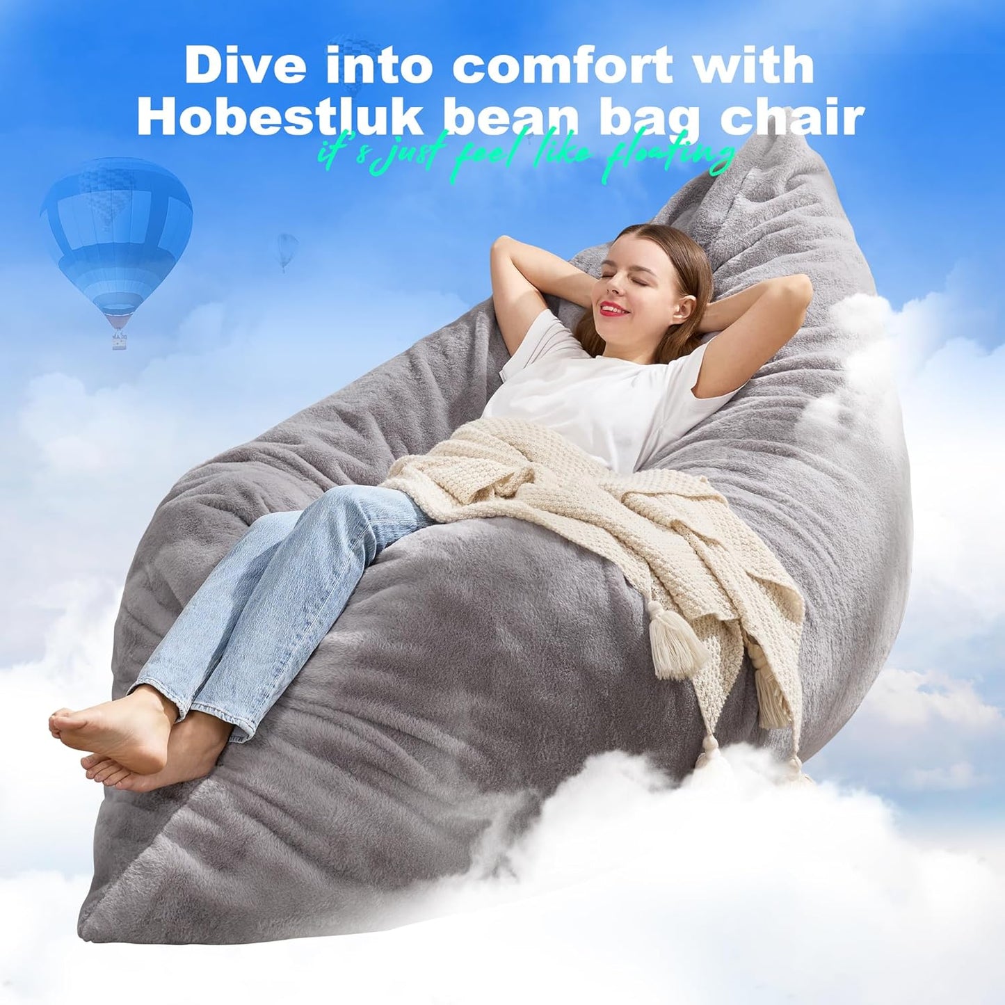 Hobestluk 3 in 1 Bean Bag Chair Giant Bean Bag Chairs for Adults with Chevron Plush Fur Cover Convertible Bean Bag Floor Cushion with Machine Washable Cover for Living Room (Plush Grey)