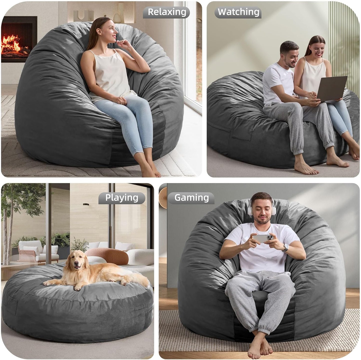 Hobestluk 6FT Bean Bag Chair Bean Bag Chairs for Adults Giant Bean Chairs with Velvet Cover, Memory Foam BeanBag Chair Fluffy BeanBag Chairs for Living Room, Bedroom- Grey (70" x 70" x 15")