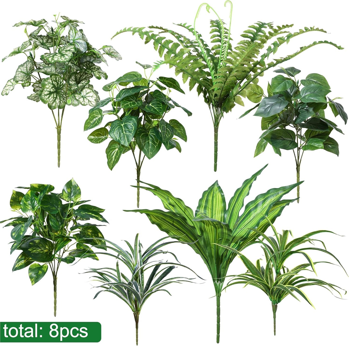 Artificial Greenery Plants Fake Plastic Leaves with Stems UV Resistant Large Bunches Outside Faux Plants Bushes for Outdoor Patio Garden Front Porch Yard Decor (Green)