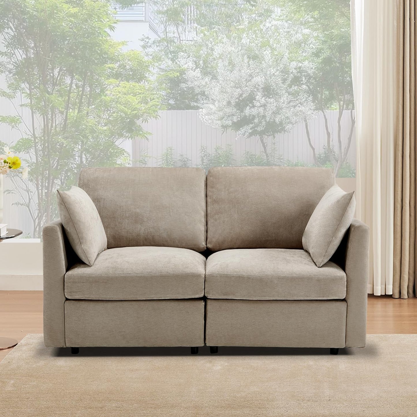 Tbfit 59" Loveseat Sofa, Chenille Small Sofa Couch, Love Seat with 2 Pillows for Small Space, Bedroom & Living Room, Khaki