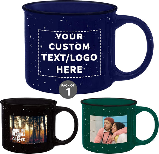 DISCOUNT PROMOS Custom Ceramic Campfire Coffee Mugs 13 oz. Set of 1, Personalized Bulk Pack - Perfect for Tea, Espresso, Cappuccino, Hot Cocoa - Blue