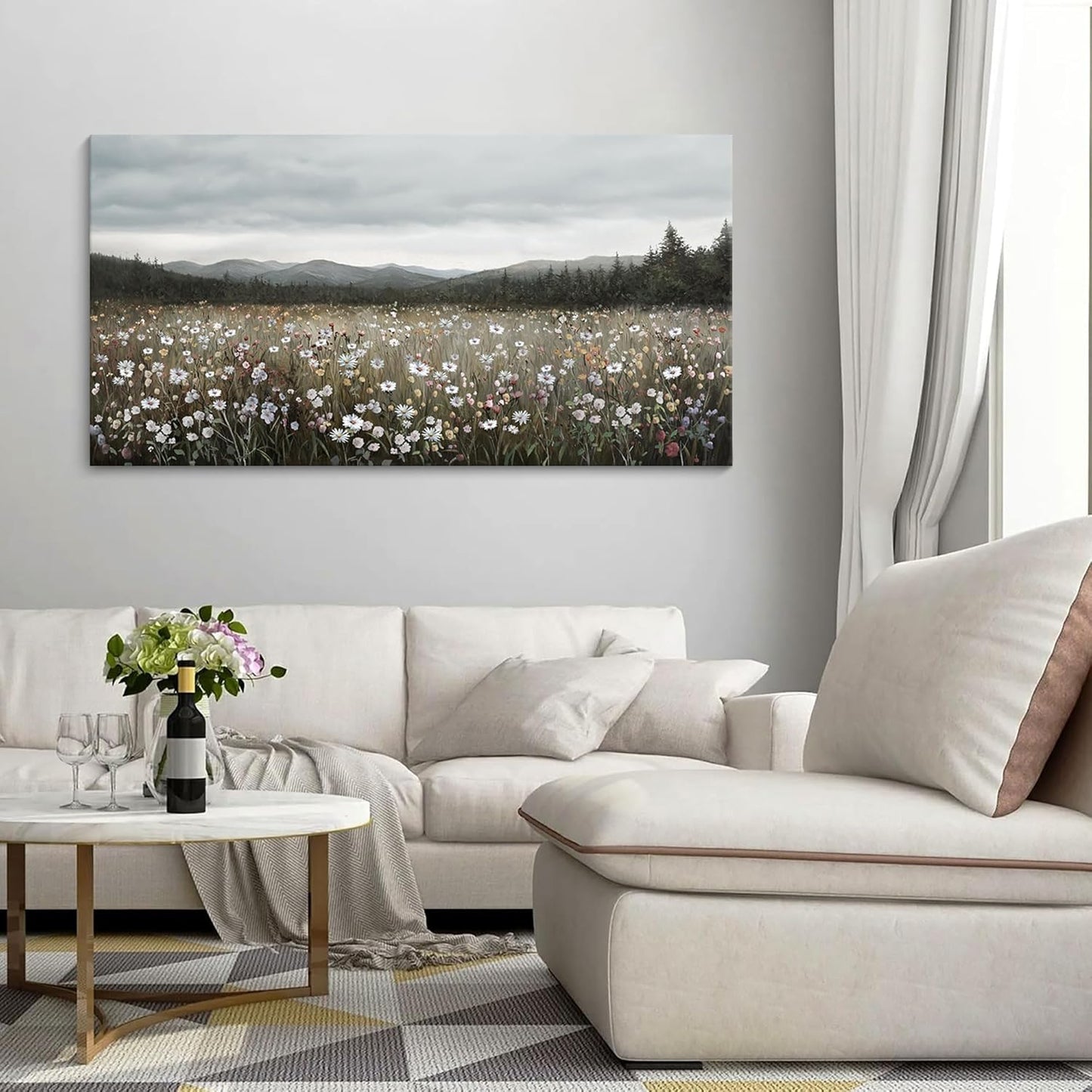 HGUAOA Vintage Framed Floral Landscape Wall Art for Living Room - Large Nature Artwork Above Bed Wall Decor - Farmhouse Mountain Pictures for Bedroom Wall Decor 20×40IN