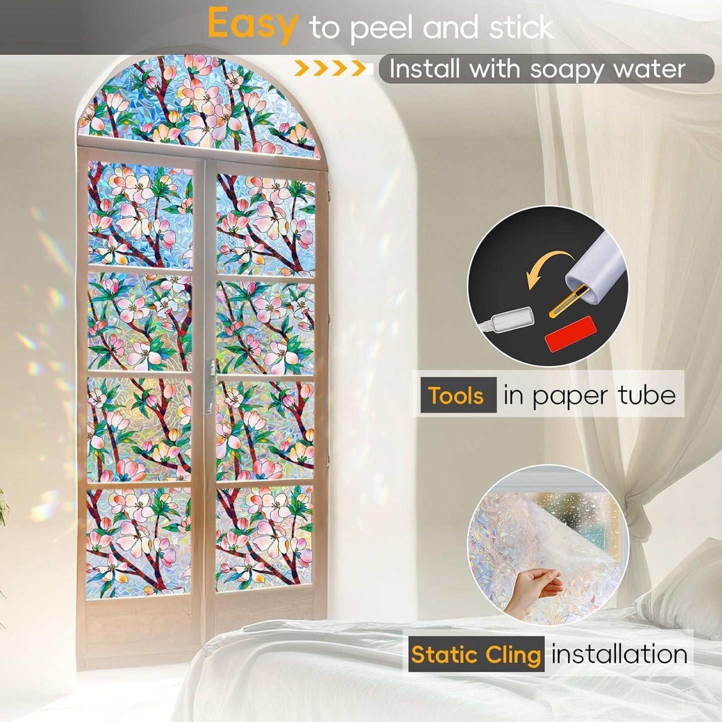 Rainbow Window Privacy Film Decorative, 3D Decals Stained Glass Clings, Static Cling Sticker, Suncatcher Windows Cover Tint for Home, 17.5 Inch x 78.74 Inch