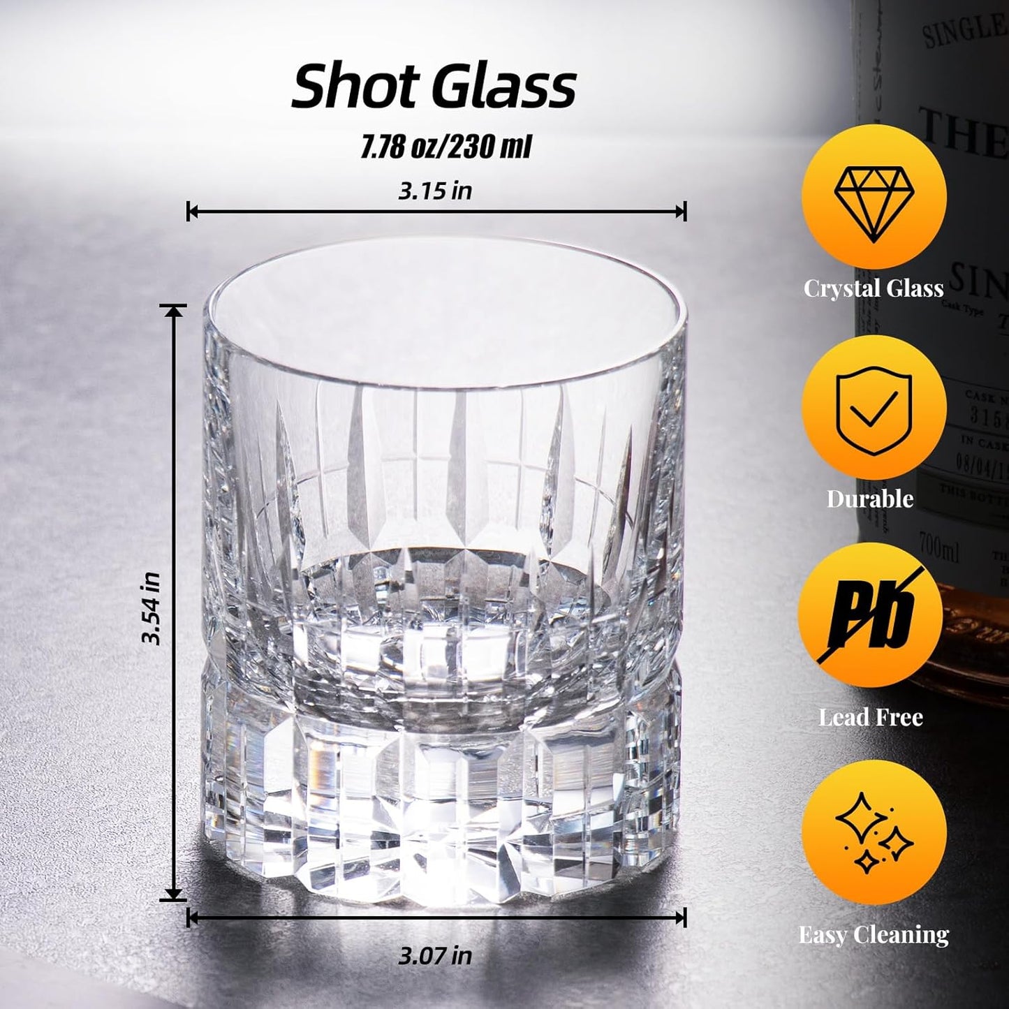 KAMMAK Crystal Whiskey Glasses Set of 2, Luxury 7.78oz Old Fashioned Glasses Stemless, Hand Blown Cocktail Glasses, Handcrafted Engraved Scotch Cup for Women, Men Gift for Bourbon Barware