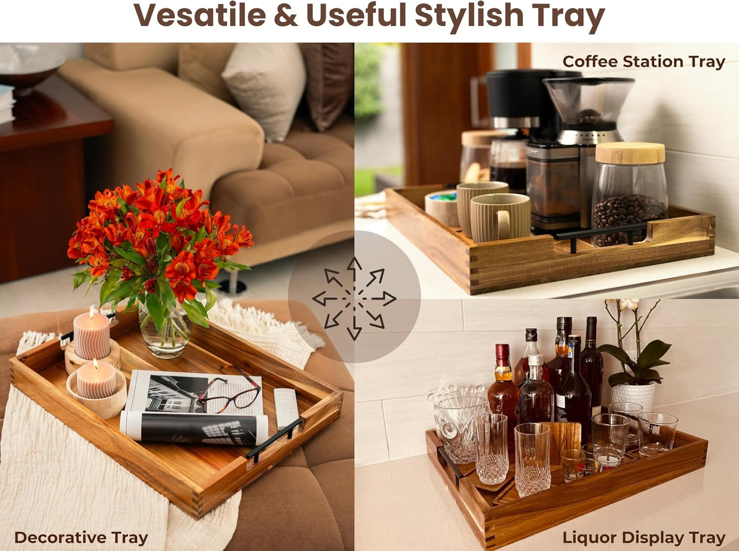 Acacia Wooden Ottoman Tray for Living Room – 21" Large Coffee Table Serving Tray with Handles & 6 Coasters Set, Perfect for Food, Drinks, Kitchen, and Home Decor