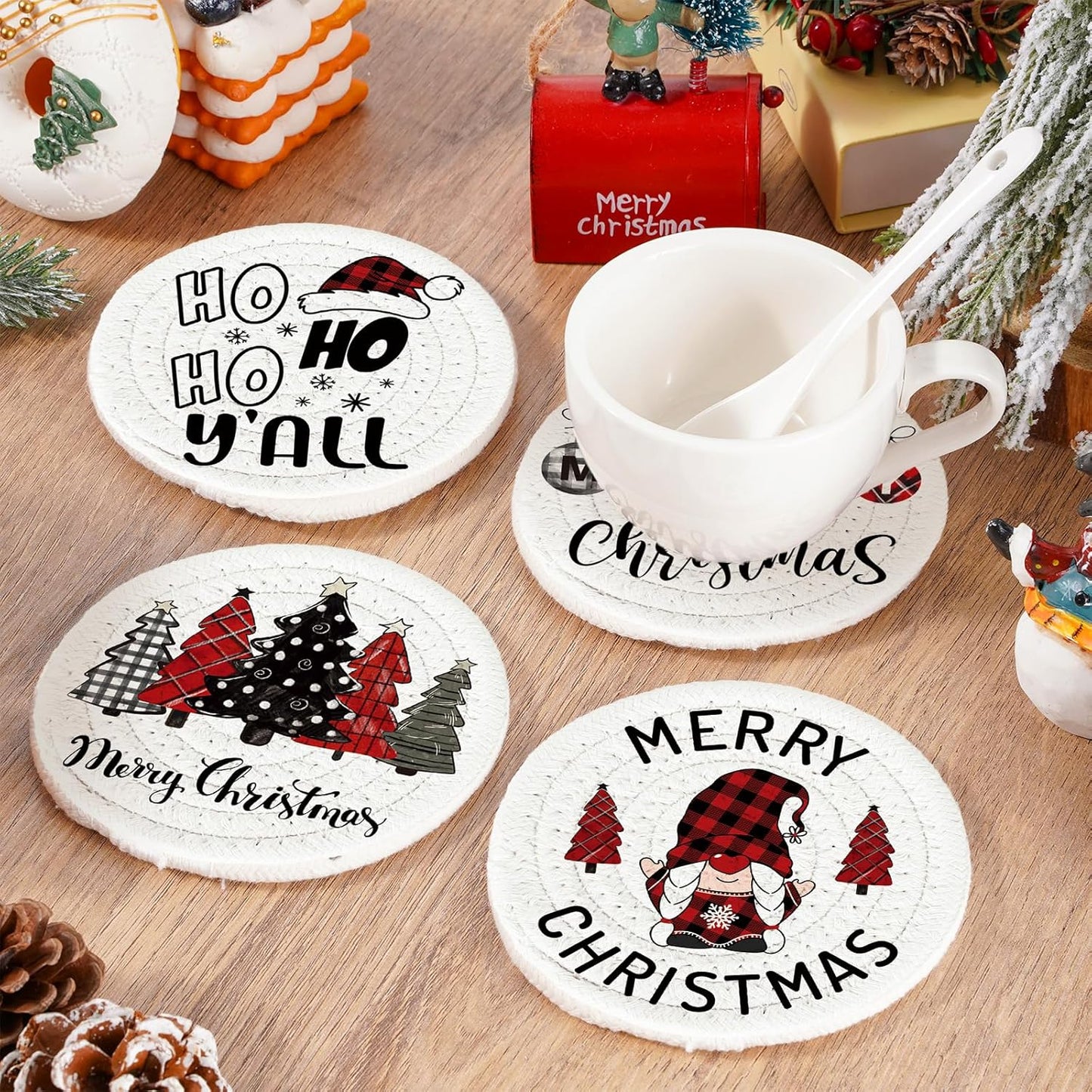 Whaline Merry Christmas Cotton Coasters Xmas Plaid Tree Gnome Handmade Braided Drink Coasters Absorbent Cup Mats for Christmas Holiday Party Home Table Decor, Set of 4