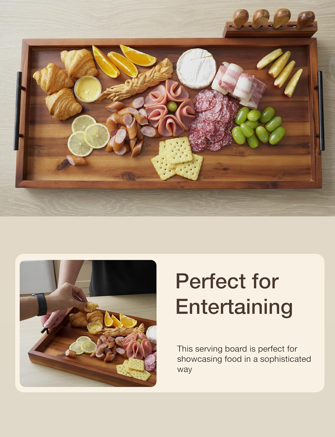 24" Large Charcuterie Tray with Handles, Extra Long Wooden Serving Cheese Boards - Serving Platter for Meat, Party Appetizers, Outdoor & Fruits Display (Acacia Wood)