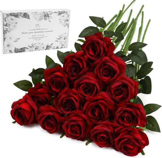 Burgundy Fake Roses Artificial Flowers - 16 Pcs Fake Artificial Roses Silk Flowers with Stems for Home Wedding Hotel Office Centerpiece Decor（Burgundy）