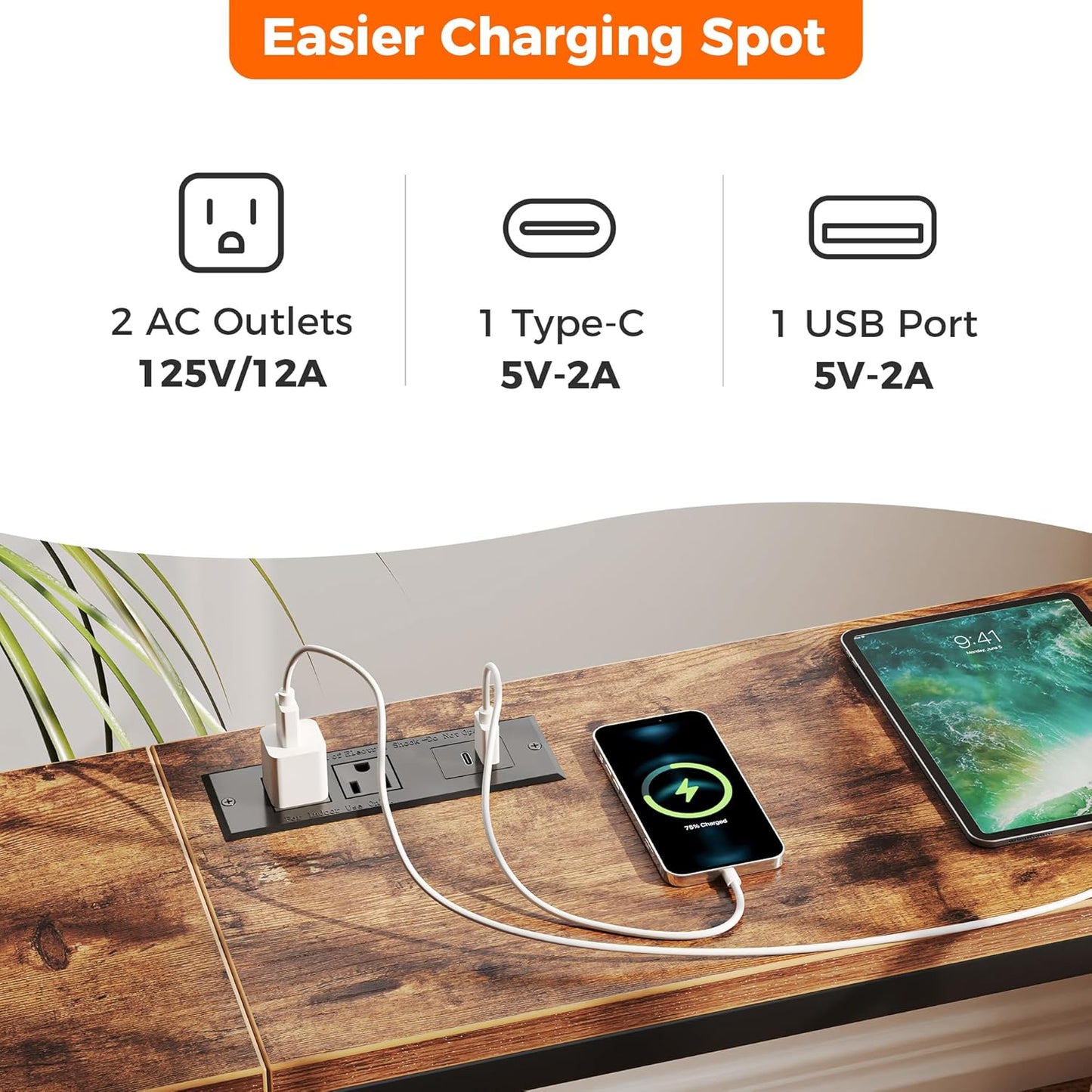 SUPERJARE 70 Inch Console Table with Outlet, Sofa Table with Charging Station, Narrow Entryway Table, Skinny Hallway Table, for Living Room, Rustic Brown