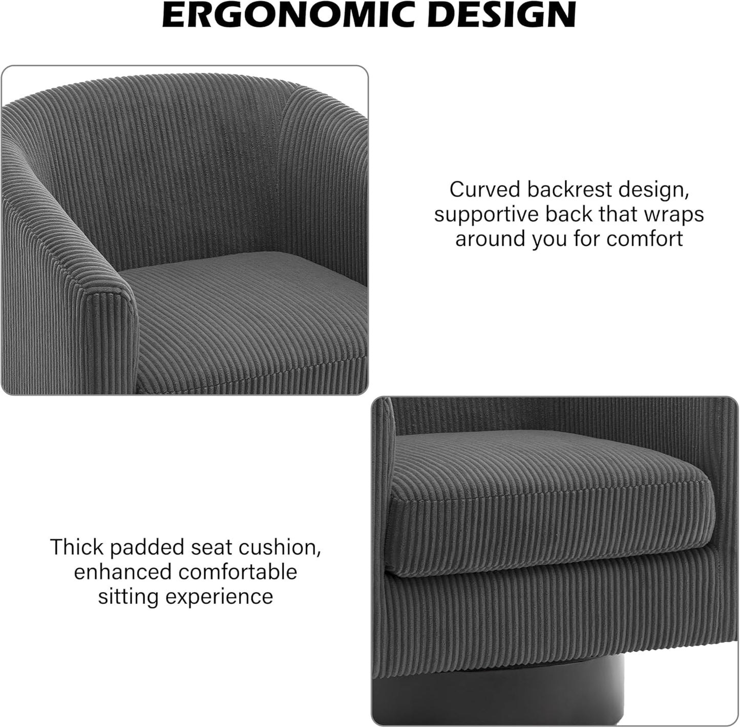 Swivel Barrel Accent Chair, Modern Round Corduroy Fabric Arm Chair for Living Room, Bedroom, Comfy Club Reading Chairs for Adults (Corduroy Grey, Set of 1)
