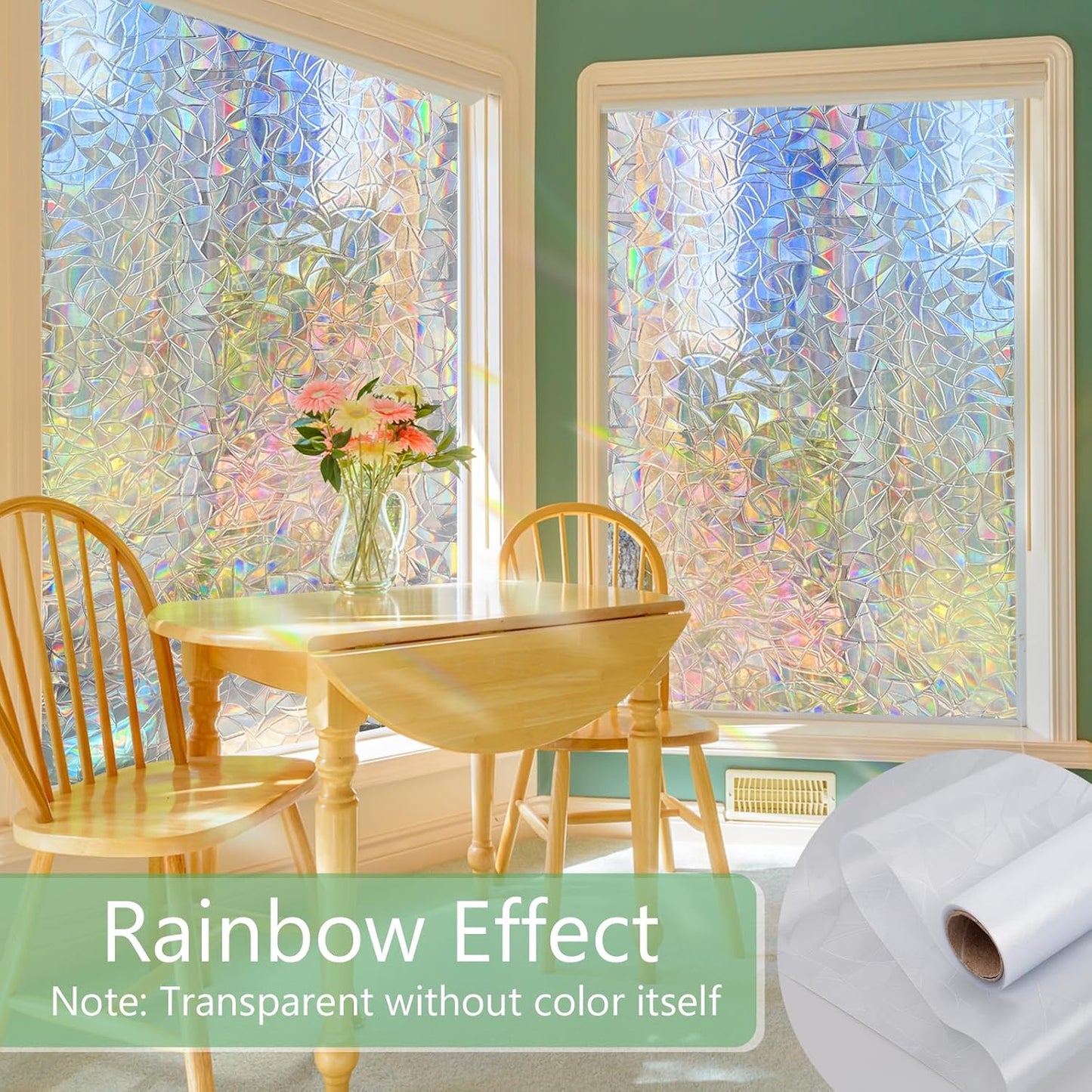 HIDBEA Window Privacy Film Static Clings, Rainbow Window Film, 3D Decals Non-Adhesive Window Vinyl Film for Home Door, 23.6 Inch x 6.5 Feet