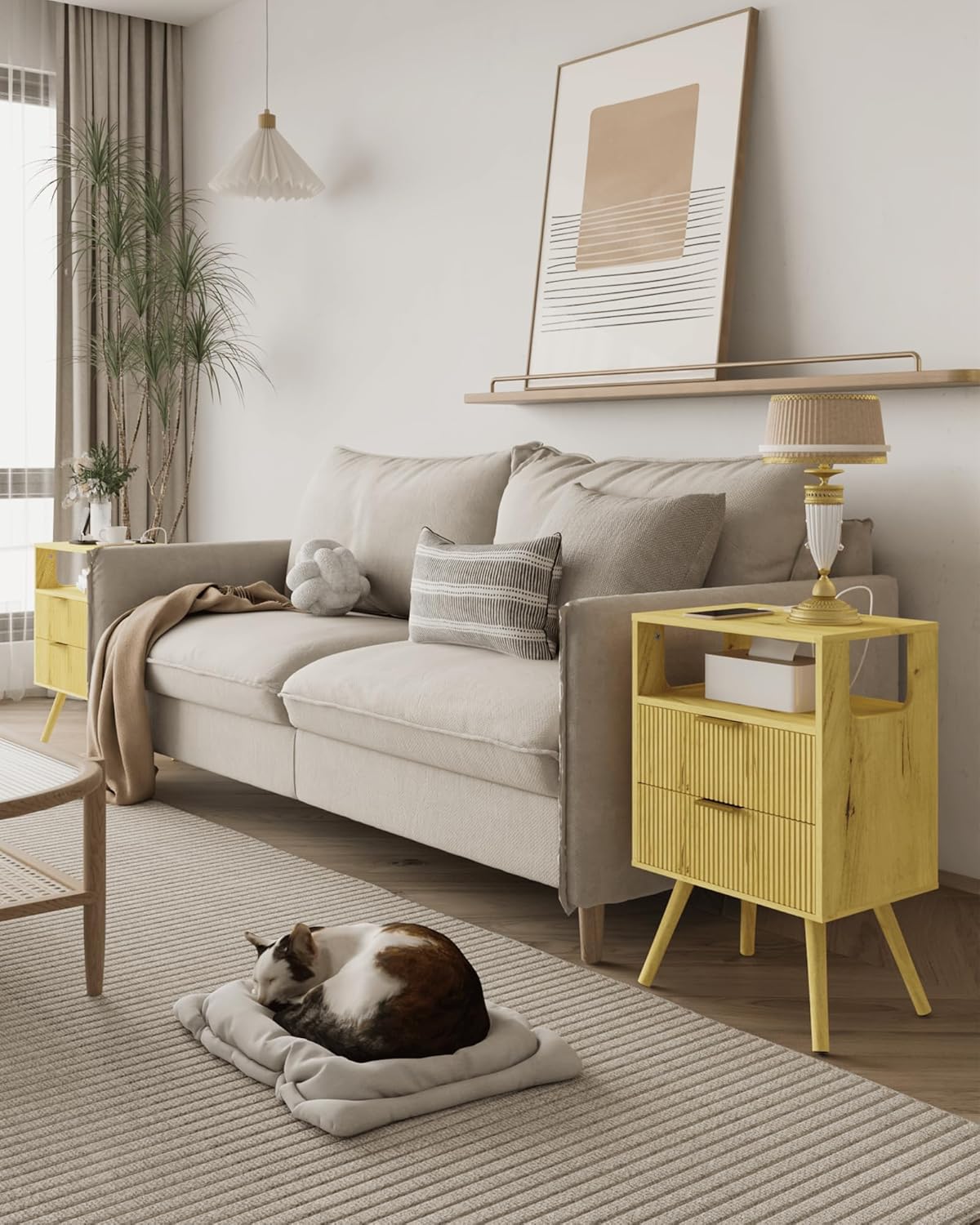 Nightstand with Charging Station and LED Lights,Modern Bedside Table with 2 Storage Drawer and Open Wood Shelf, for Bedroom and Small Spaces,Night Stand with Solid Wood Legs (Yellow Oak)