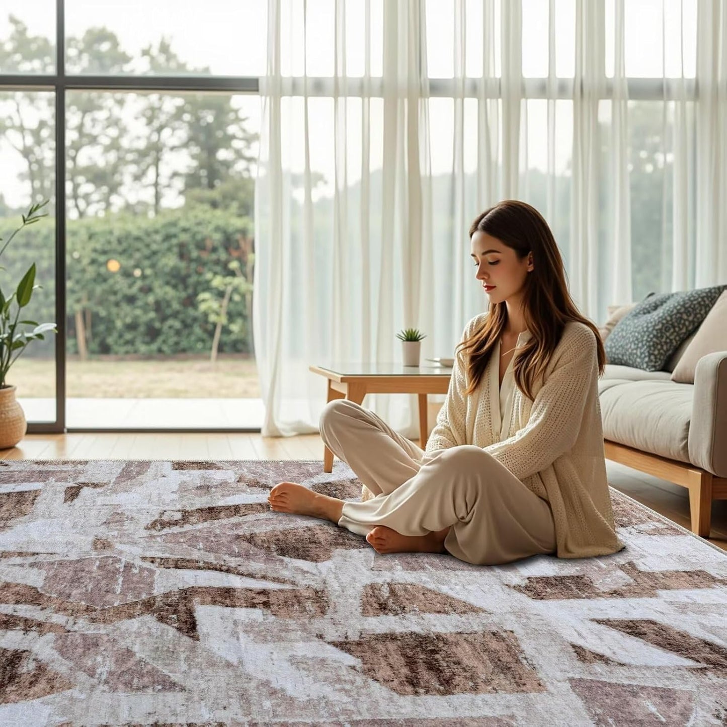 Modern Abstract 6X9 Area Rug for Living Room Bedroom Washable, with Non-Slip Rubber Backing Print Faux Wool Thin, Brown Throw Large Carpet for Kids Playroom Dining Room Pet & Child Friendly