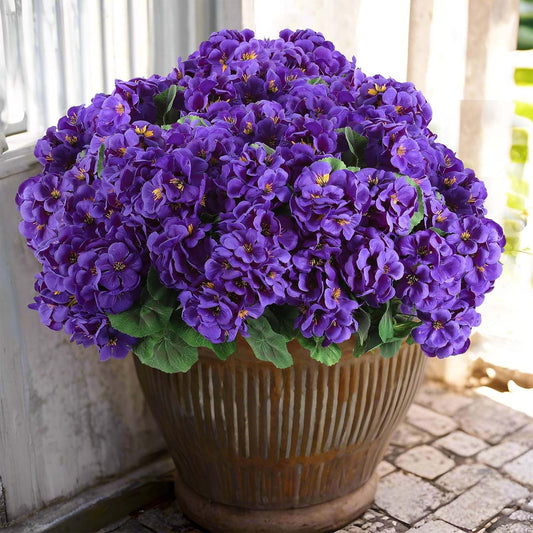 Hananona 12 Pcs Artificial Geranium Flowers for Outdoors Silk Purple Geranium Flowers Outdoor UV Resistant Plants Faux Flower for Home Kitchen Table Centerpieces Front Door Patio Decor (12, Purple)