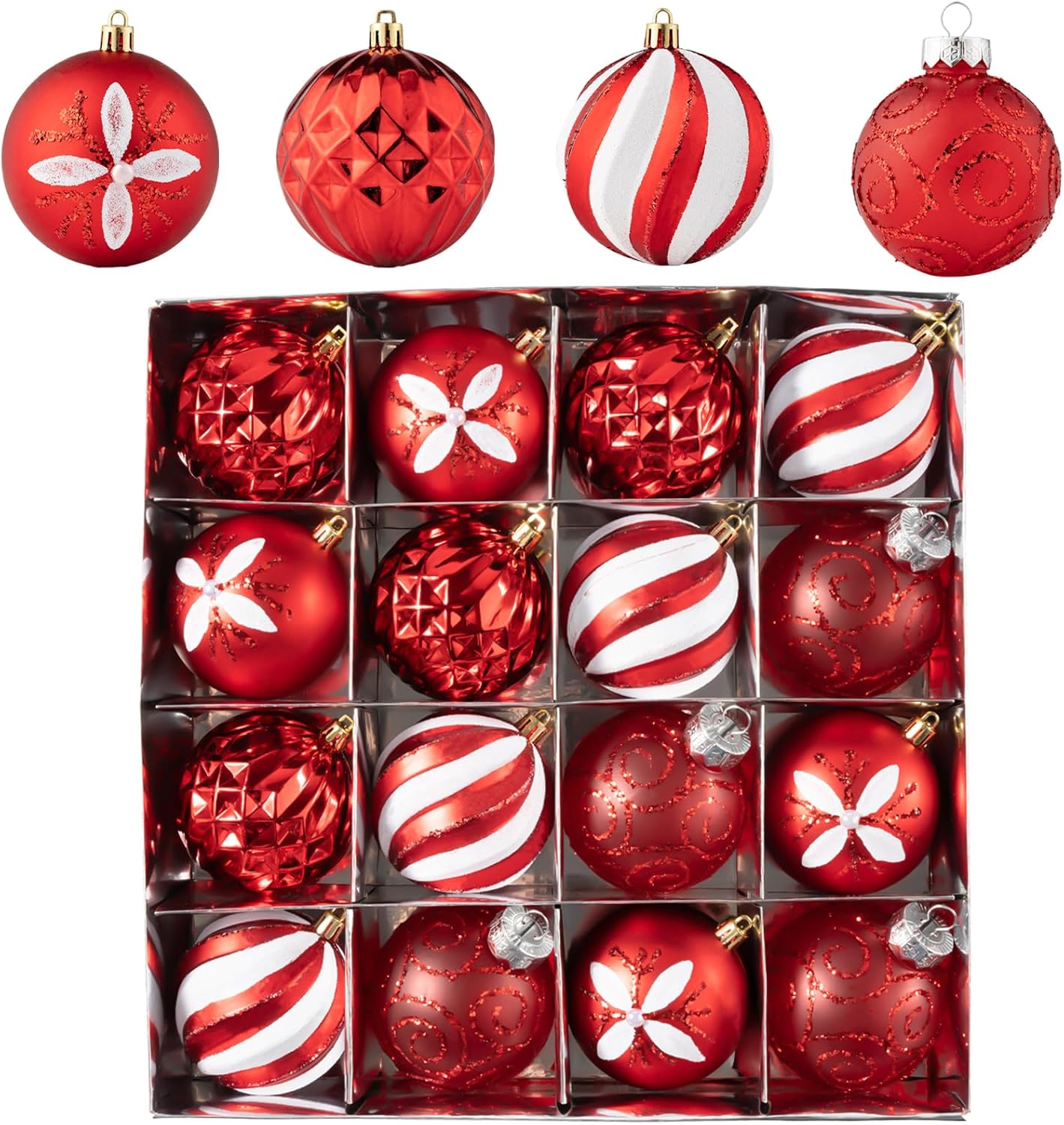 16Pcs Christmas Ball Ornaments Set, 3.15" Shatterproof Christmas Ornaments, Luxury Glitter Hanging Ornaments for Xmas Tree, Xmas Holiday, Party, Wedding (Red)