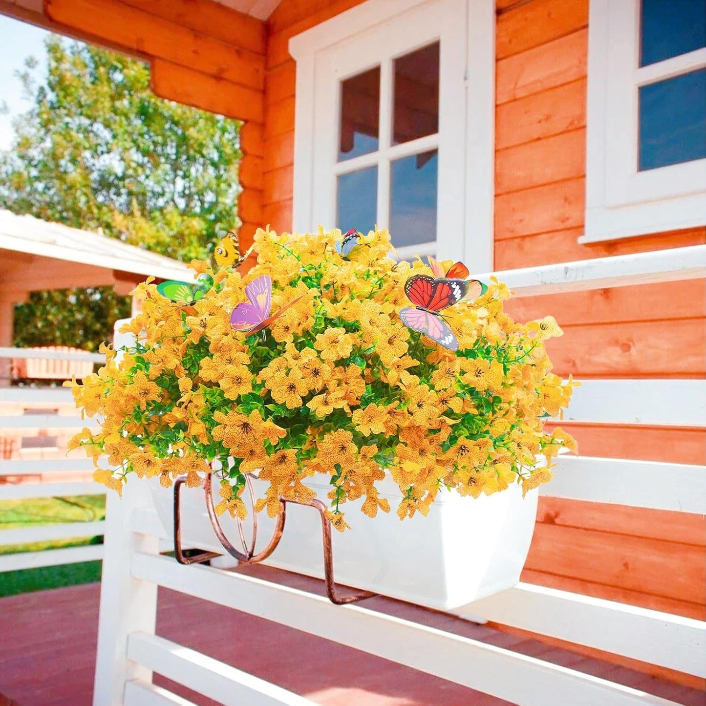 ‌20 Bundles Artificial Flowers for Outdoors‌ with 6 Faux Butterflies, UV Resistant ‌Fake Flowers‌ with Eucalyptus Leaves, ‌Artificial Plants Outdoor‌ for Patio Garden Porch Home Decor (Yellow)