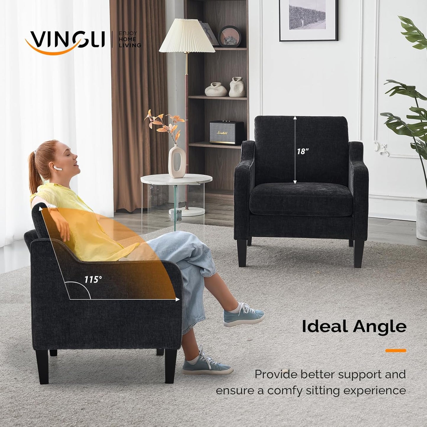 VINGLI Mid Century Modern Accent Chairs, Black Soft Chenille Reading Chair Upholstered Armchair Side Chairs Sofa Couches for Living Room, Bedroom, Apartment