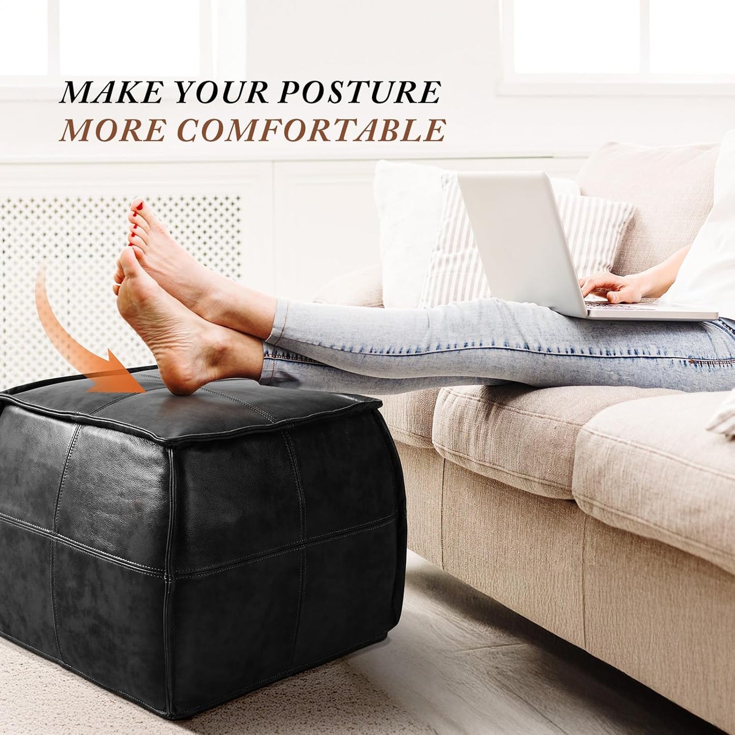 Leather Ottoman,Handmade Stuffed Square Ottoman,Genuine Leather Pouf, Foot Rest Pouf,Comfortable Soft Seating for Living Room & Bedroom (Black, Square)