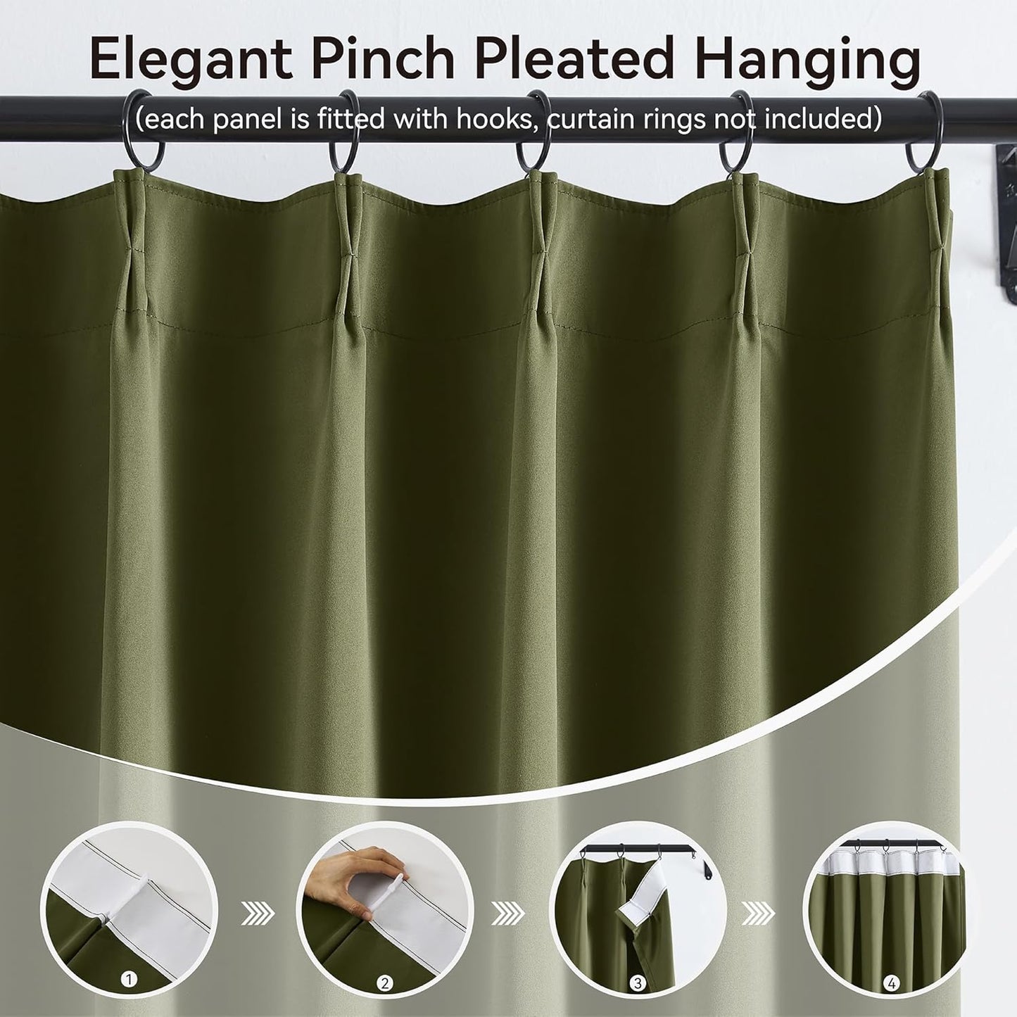 KangBang Olive Green Curtains 84 Inch Length 2 Panels Set, Blackout Pinch Pleated Noise Canceling Curtains & Drapes with Hooks Track System, Thermal Insulated Elegant Modern Decor, W40xL84