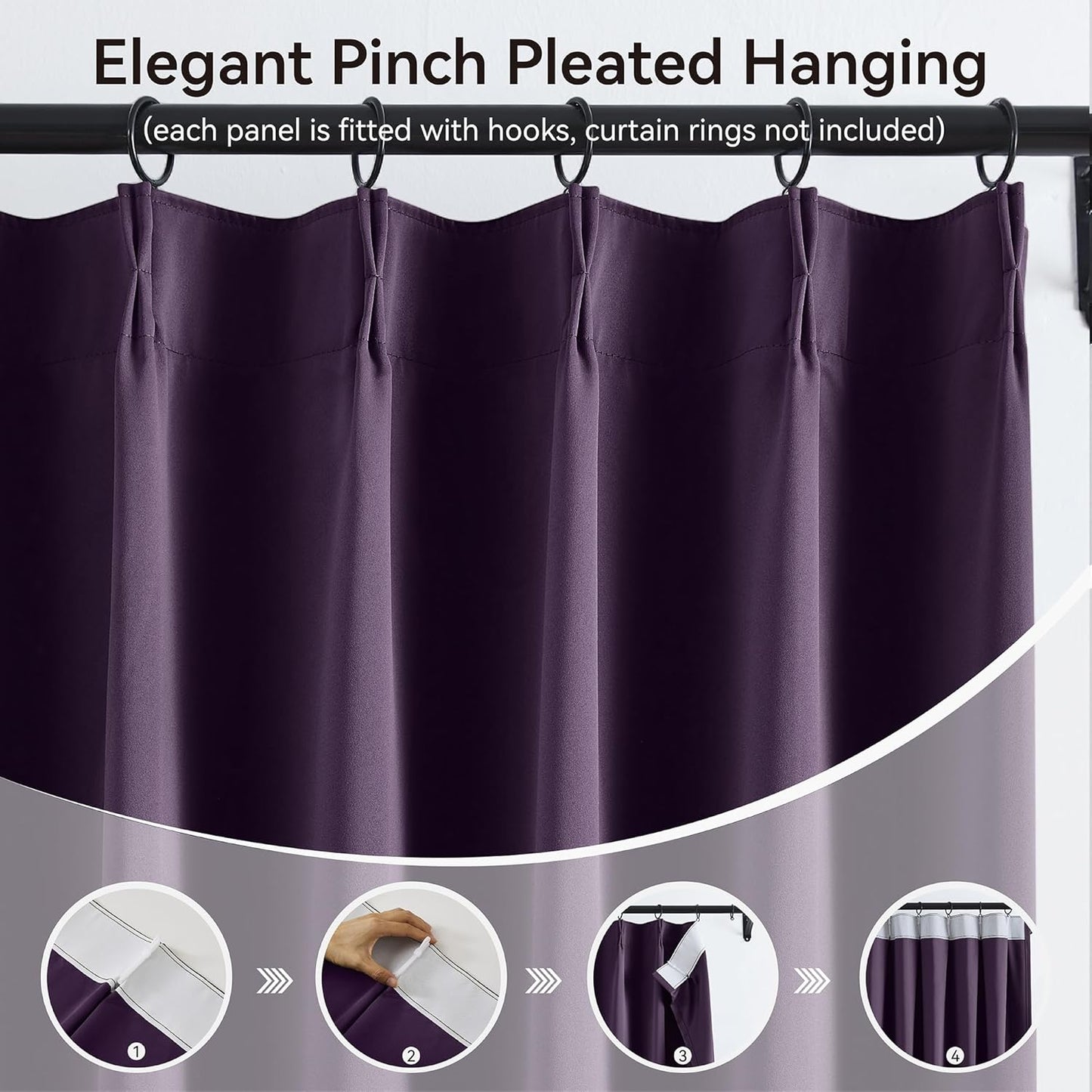 KangBang Purple Pinch Pleat Curtains 108 Inches Long, Blackout Pleated Vertical Curtains Sound Dampening Polyester Modern Drapes for Living Room Office with Hooks (40x108,9FT,2 Panels, Royal Purple)