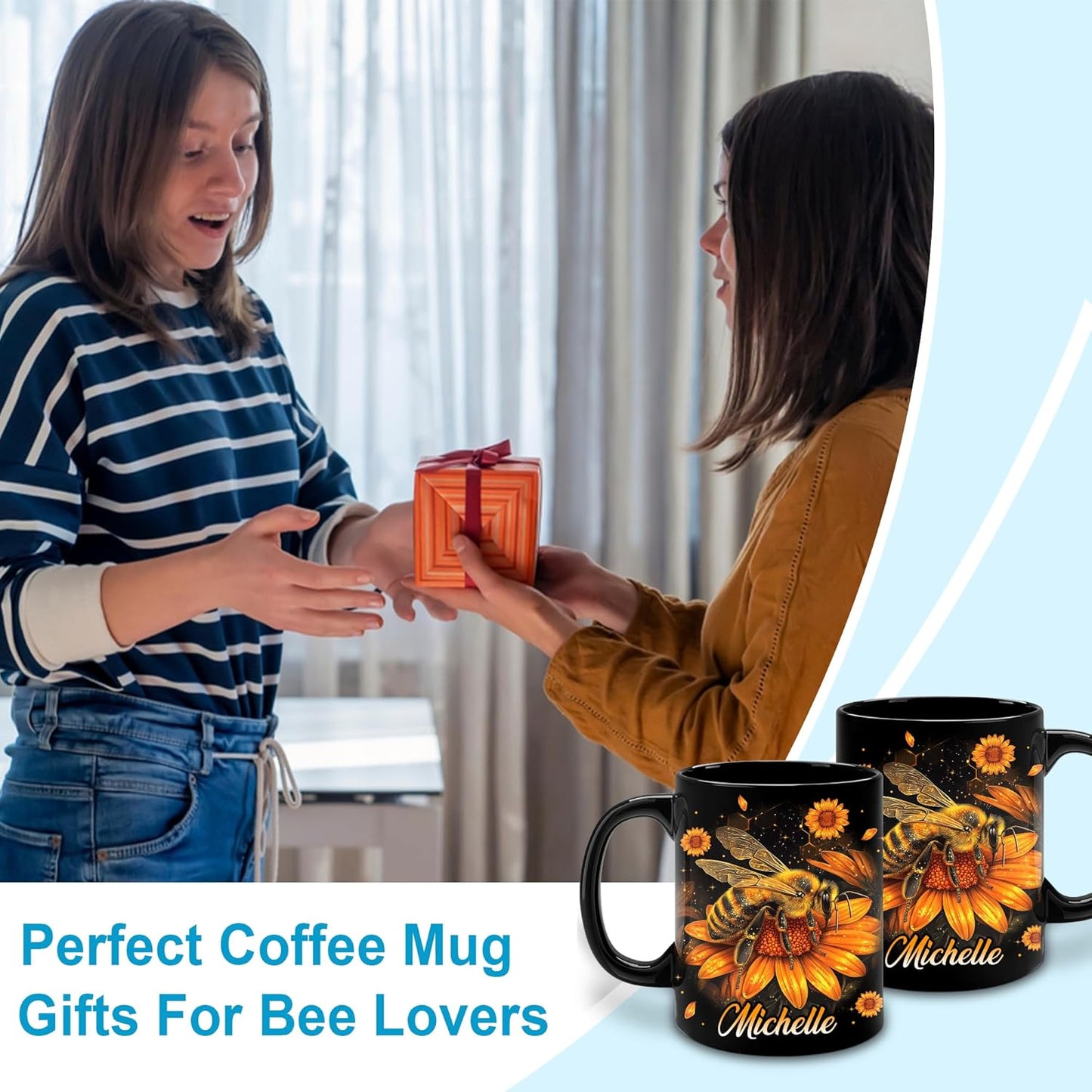 Hyturtle Personalized Sunflower Bee Mug - Bee Keeper Gifts For Women Lovers Teacher - Honey Gifts For Beekeeper Farmer On Birthday - Queen Honeycomb Decor - Custom Coffee Cup Ceramic Mug 11 Oz 15 Oz