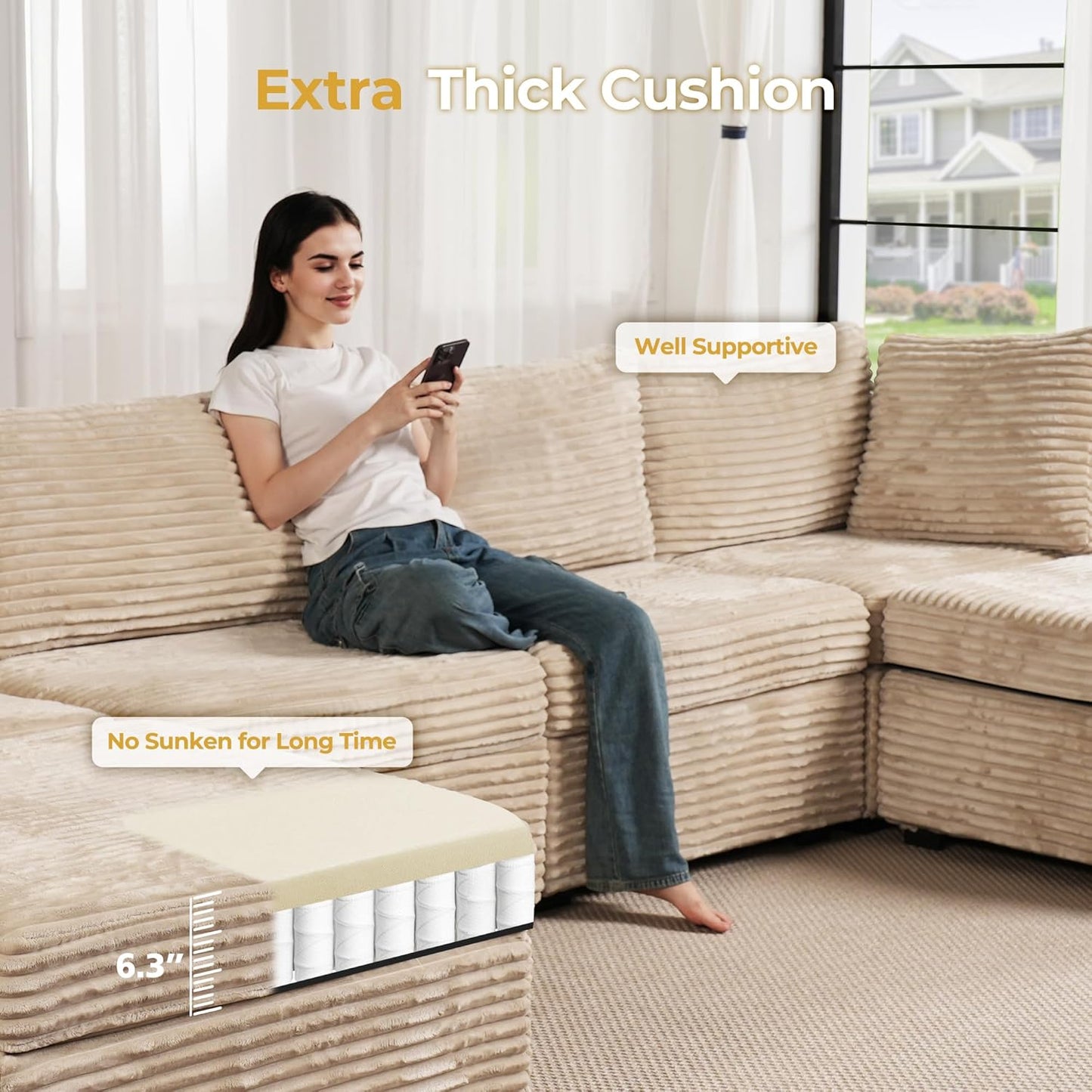HOOOWOOO Modular Sectional Sofa,7 Pieces Sectional Couches for Living Room,131X98 U Shaped Cloud Couch Set(Beige Velvet Corduroy)