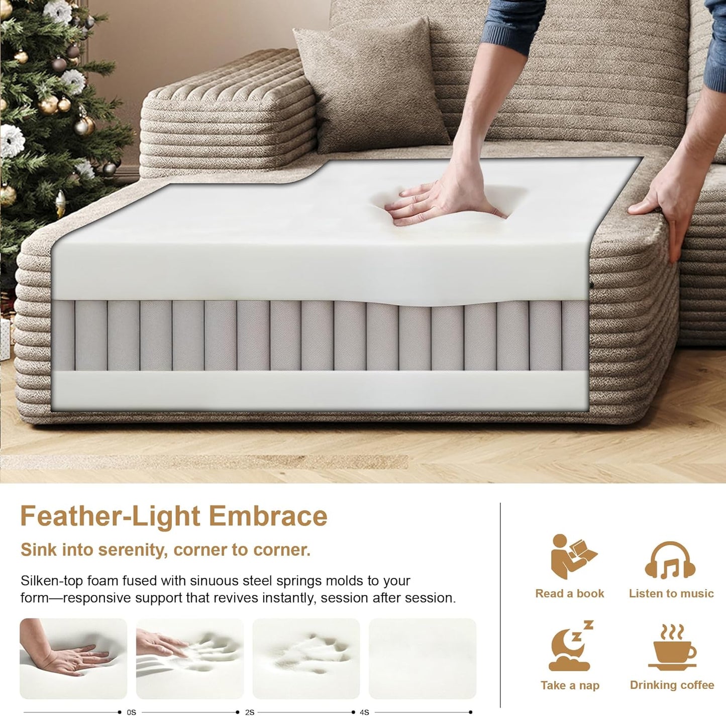 136" Sectional Couches for Living Room Modern Modular Sofa with L-Shape Couchs Upholstered Boneless Couch Deep Seat Sectional Couch with Chaise (Camel, Left Facing Chaise+3Seaters+Ottoman)