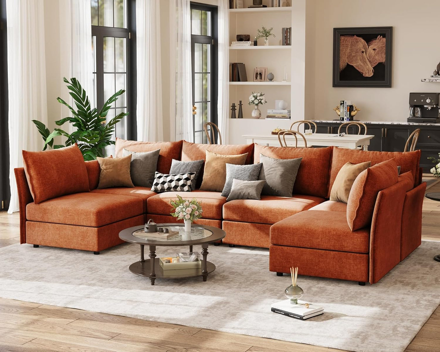 134.6" Oversized Modular Sectional Sofa, Large 6 Seater U Shaped Couch Deep Seat for Living Room, Apartment - Chenille Terracotta