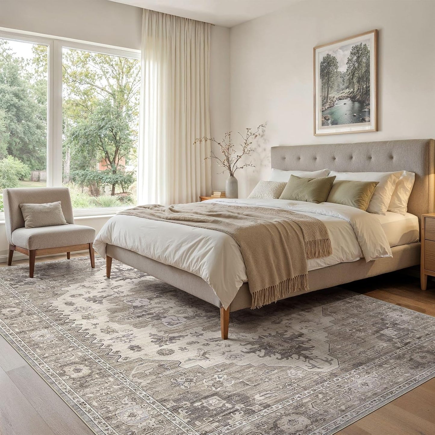 Washable Area Rugs for Living Room - 10x14 Neutral Vintage Distressed Floral Farmhouse Boho Large Soft Floor Rug Indoor Non Slip Carpet for Living Room Bedroom Dining Room Office-Brown/Beige